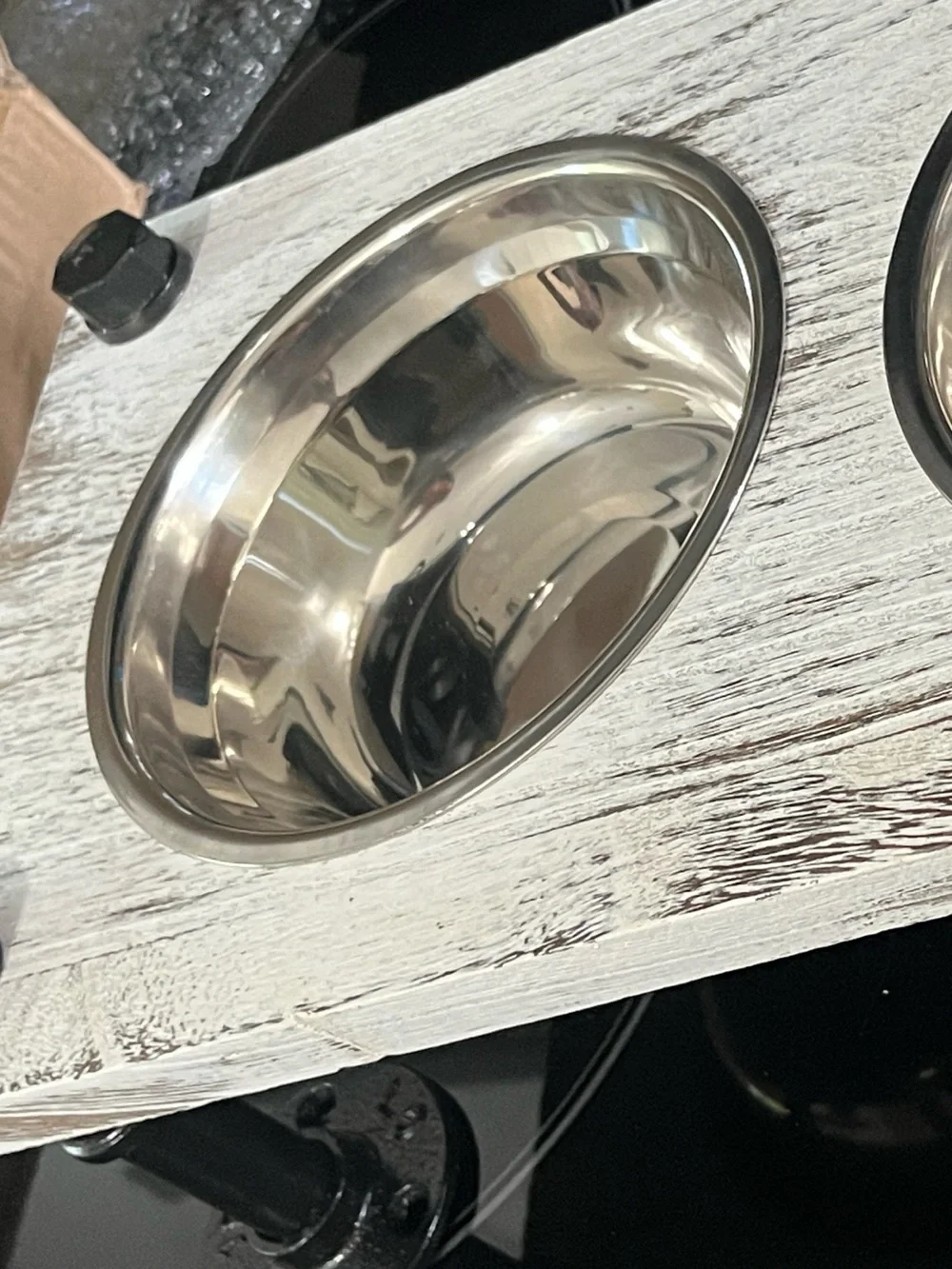 Elevated Pet Dish -Whitewash~Grey W/Black Pipe legs & 2 Stainless Steel bowls 🆕